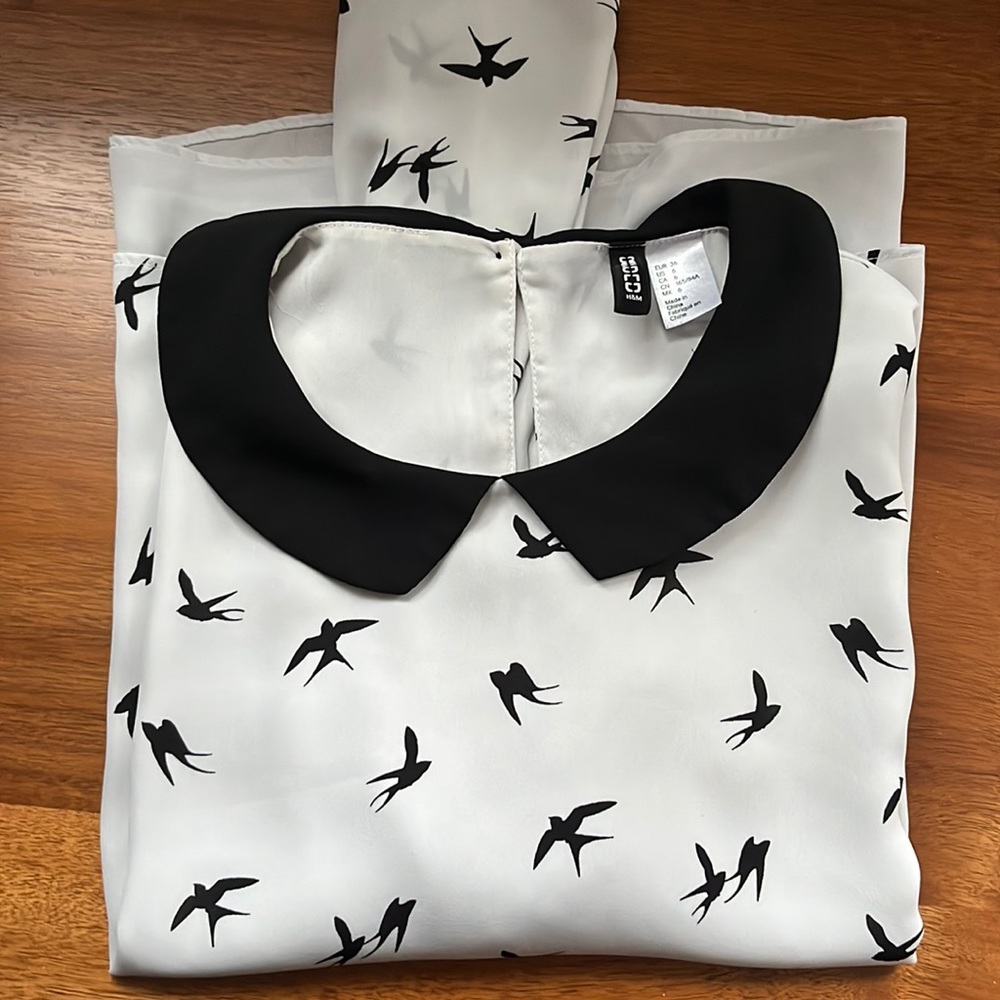 Butterfly neck bird patterned long sleeve blouse